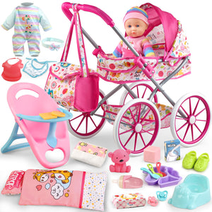 Baby Doll Stroller Toys Set with 12.5" Baby Doll,Dining Chair,Quilt Pillow,24 PCS Doll Accessories and 2 Sets Doll Clothes,Baby Stroller Toys for Girls Toddlers 3-5 4-6 5-7 Gifts for Pretend Play