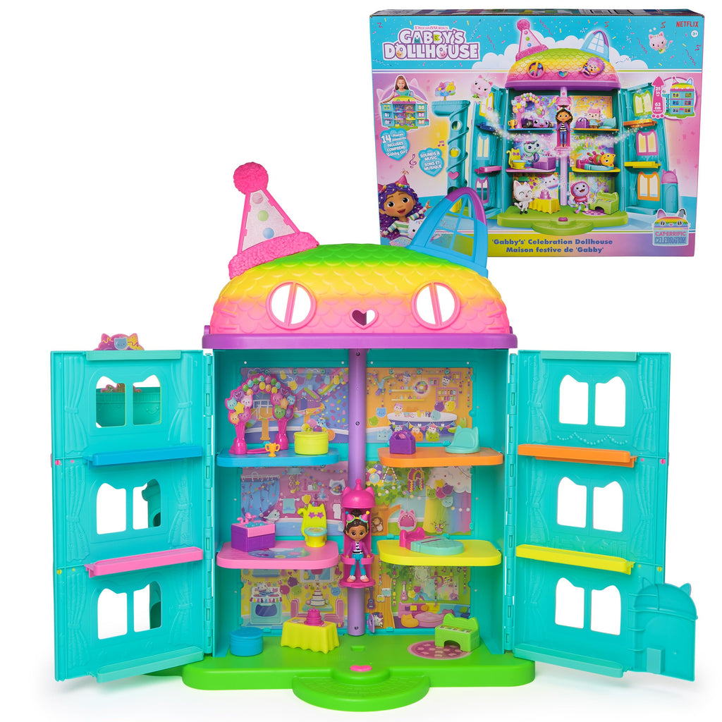 DREAMWORKS GABBY'S DOLLHOUSE, 14 Pc Celebration Dollhouse, 25-Inches Tall, with Toy Figures, Doll House Furniture & 10 Sounds, Kids Toys for Girls & Boys Ages 3+