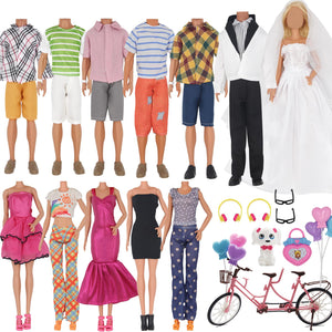 EuTengHao 30Pcs Doll Clothes and Accessories for 12 inch Boy and Girl Doll Includes 12 Set Wear Clothes Jeans and Wedding Dresses Tandem Bike Glasses Dog Bag and Colorful Balloons for 12 Inch Dolls