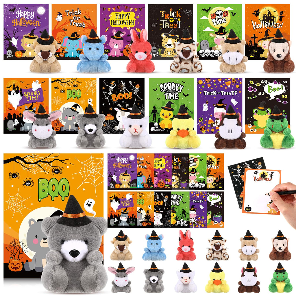 24 Set Halloween Mini Stuffed Animals Bulk with Cards Tiny Soft Plush Toy Small Doll Keychain with Witch Hat for Halloween Party Favors Exchange Gifts Goodie Bag Filler Prizes