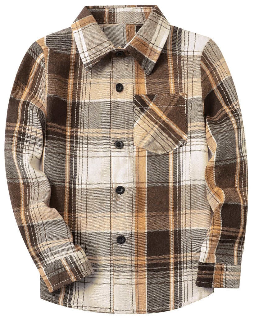 SANGTREE Boys and Mens Flannel Plaid Long Sleeve Shirt Casual Button Down Shirts, 1# Brown, 12-18 Months