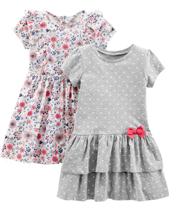 Simple Joys by Carter's Toddler Girl's 2- pack Short-Sleeve Dress Set Dress, grey dot/floral, 4T