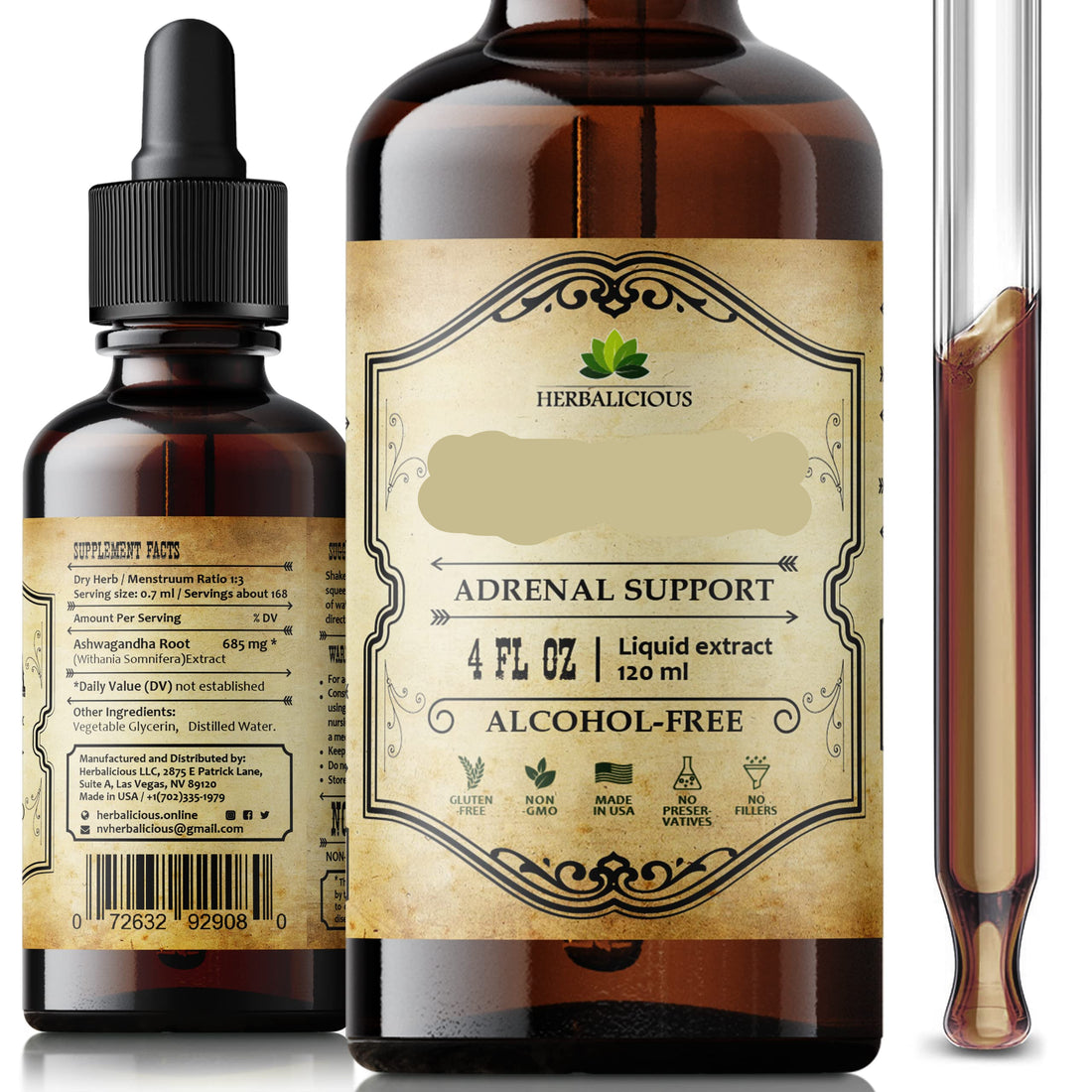 Herbalicious Ashwagandha supplement bottle with dropper on a white background