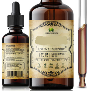 Herbalicious Ashwagandha supplement bottle with dropper on a white background