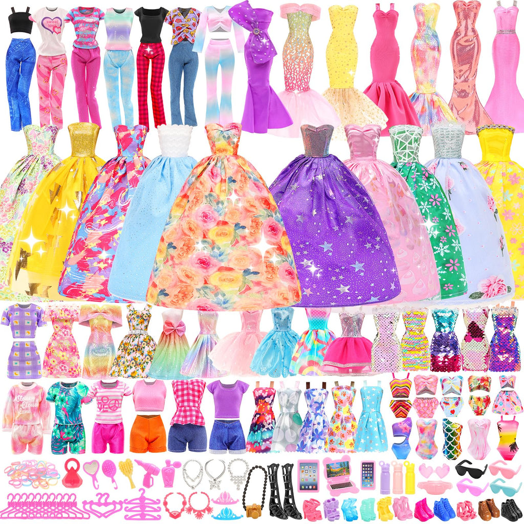 BARWA 116 Pack Doll Clothes and Accessories 5 Wedding Gown Dresses 9 Fashion Dresses Slip Dress 3 Tops 3 Pants 2 Swimsuits Bikini 16 Shoes 15 Hangers and 63 Accessories for 11.5 inch Doll