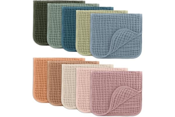 Comfy Cubs Muslin Burp Cloths 20" x 10", Pack of 10 - Large, 6-Layer, Ultra Absorbent 100% Cotton for Baby Drool and Messes - Soft, Safe & Gentle Baby Burp Cloths for Boys & Girls - Multi