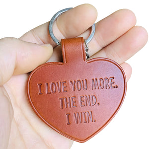 HMza Handmade I Love You More The End I Win Funny Heart Leather Keychain Gift for Him Her Girlfriend Boyfriend Husband Wife Couple Key Ring for Valentine, Christmas, Anniversary