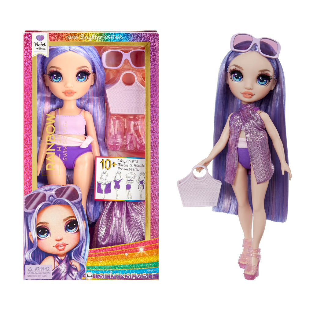 Rainbow High Swim & Style Violet, Purple 11" Fashion Doll with Shimmery Wrap to Style 10+ Ways, Removable Swimsuit, Sandals, Fun Play Accessories, Great Toy Gift for Girls Kids Ages 4-12 Years