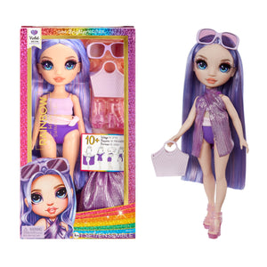 Rainbow High Swim & Style Violet, Purple 11" Fashion Doll with Shimmery Wrap to Style 10+ Ways, Removable Swimsuit, Sandals, Fun Play Accessories, Great Toy Gift for Girls Kids Ages 4-12 Years