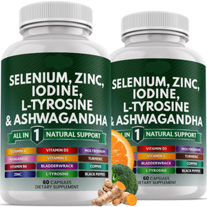 Two bottles of NewAge Selenium, Zinc, Iodine, L-Tyrosine & Ashwagandha dietary supplements on a white background.