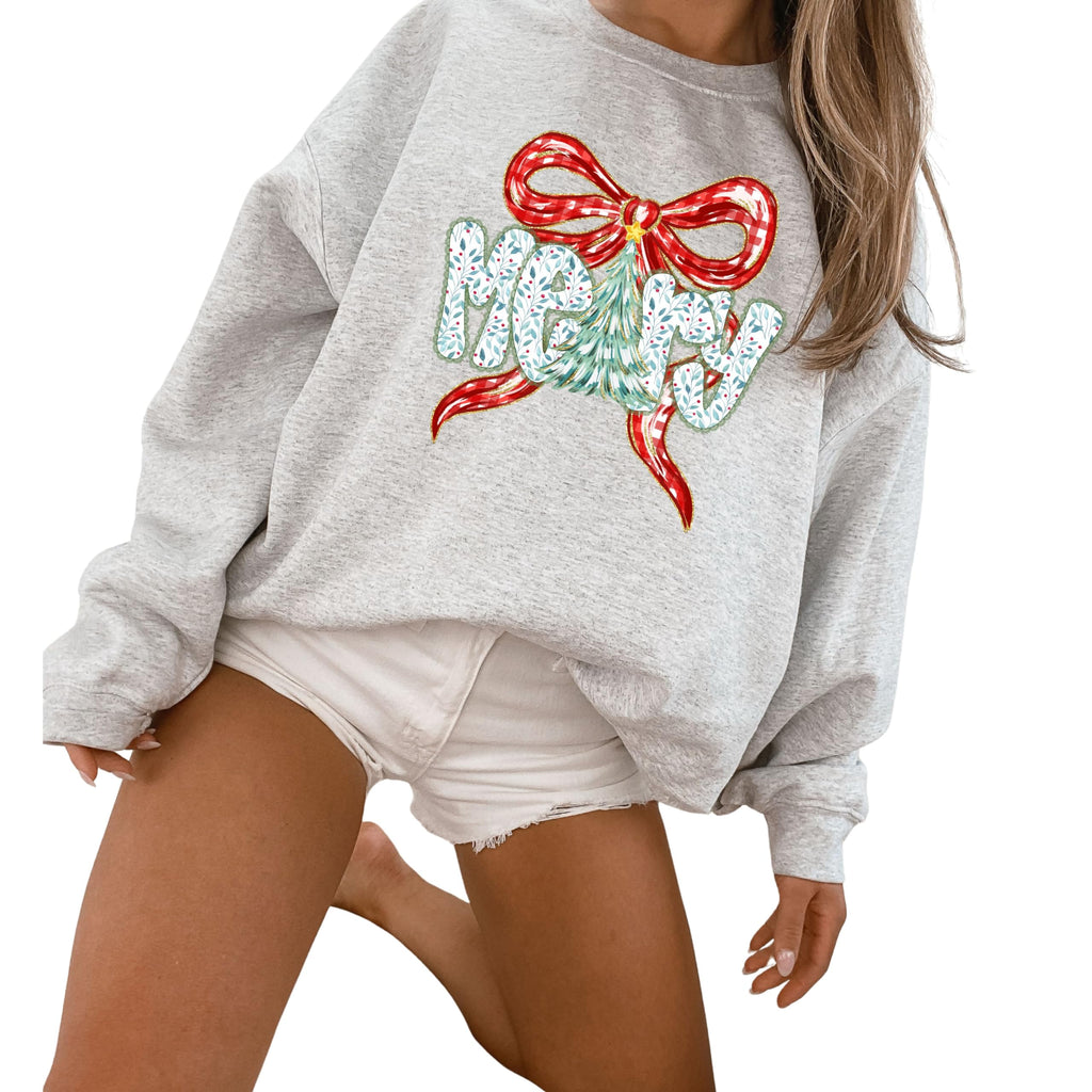 Up2ournecksinfabric Merry Christmas Sweatshirt Plaid Crewneck Cozy Holiday Sweater Festive Christmas Sweatshirt Cute Winter Outfit Gray