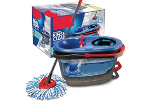 O-Cedar microfiber cleaning system with blue bucket and red accents, displayed with packaging.