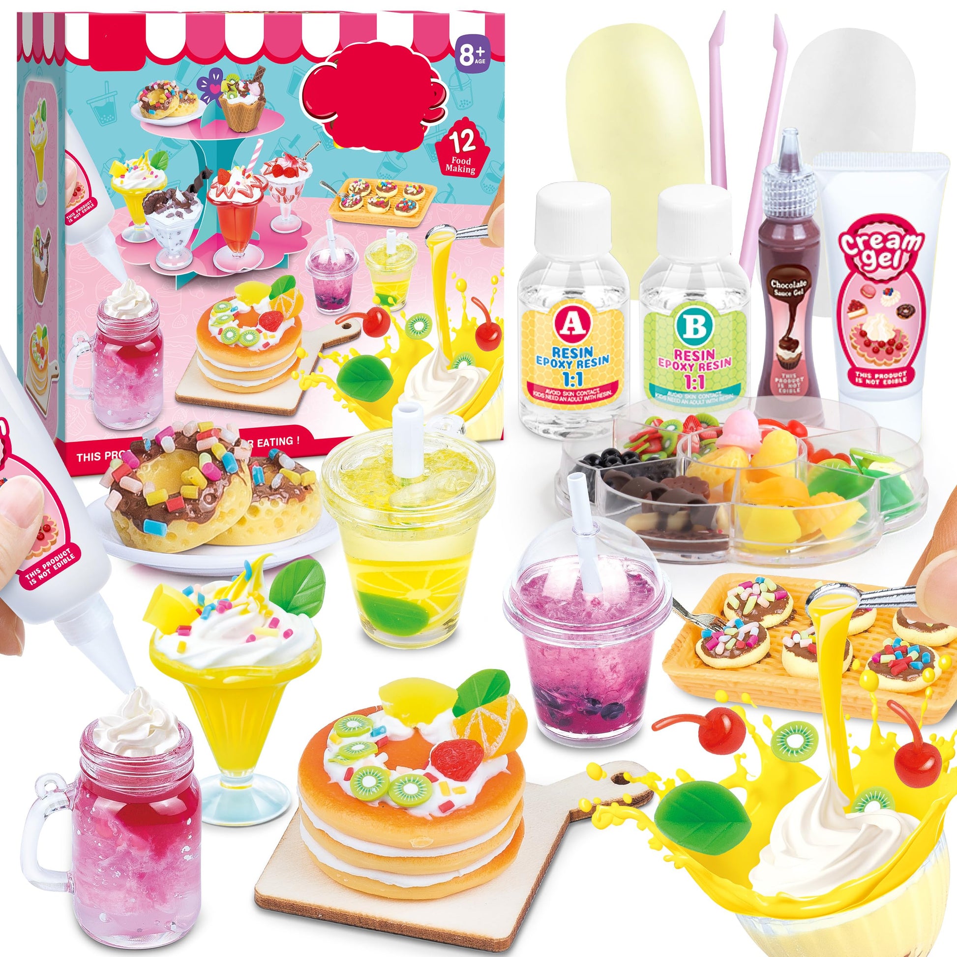 Miniature food playset with packaging and resin ingredients on a white background