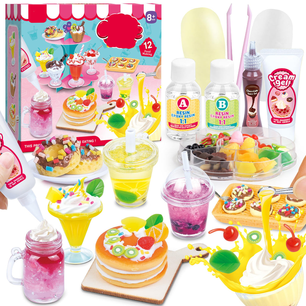 Miniature food playset with packaging and resin ingredients on a white background