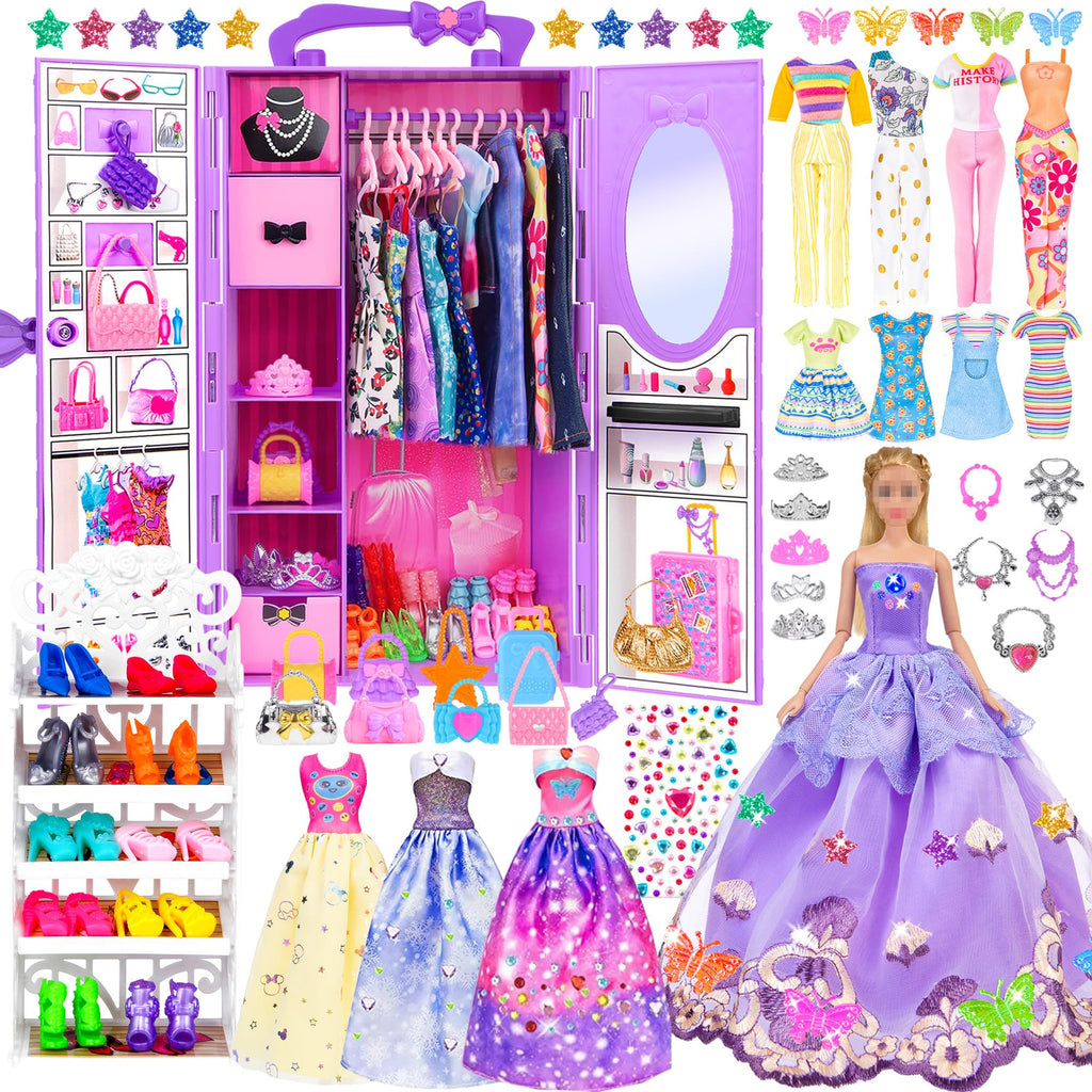 91pcs 11.5 Inch Girl Doll with Clothes, Accessories and Closet - Princess Gowns, Fashion Dresses, Outfits, Swimsuits, Shoes, Hangers - Dress Up Toys for Girls, Kids, Toddlers (Doll Included)