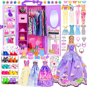 91pcs 11.5 Inch Girl Doll with Clothes, Accessories and Closet - Princess Gowns, Fashion Dresses, Outfits, Swimsuits, Shoes, Hangers - Dress Up Toys for Girls, Kids, Toddlers (Doll Included)