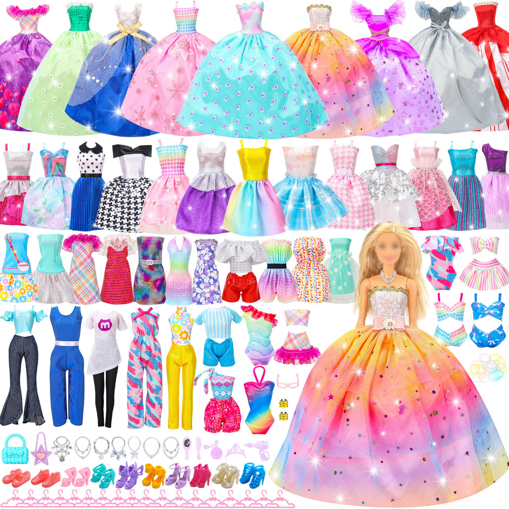 70 Pcs Doll Clothes and Accessories,2 Wedding Gown 6 Fashion Dresses 2 Set Casual Outfits 1 Top 1 Pant Bikini 1 Swimsuit,20 Hanger 10 Shoe 27 Accessories Toys for Girls Kids Birthday Gift