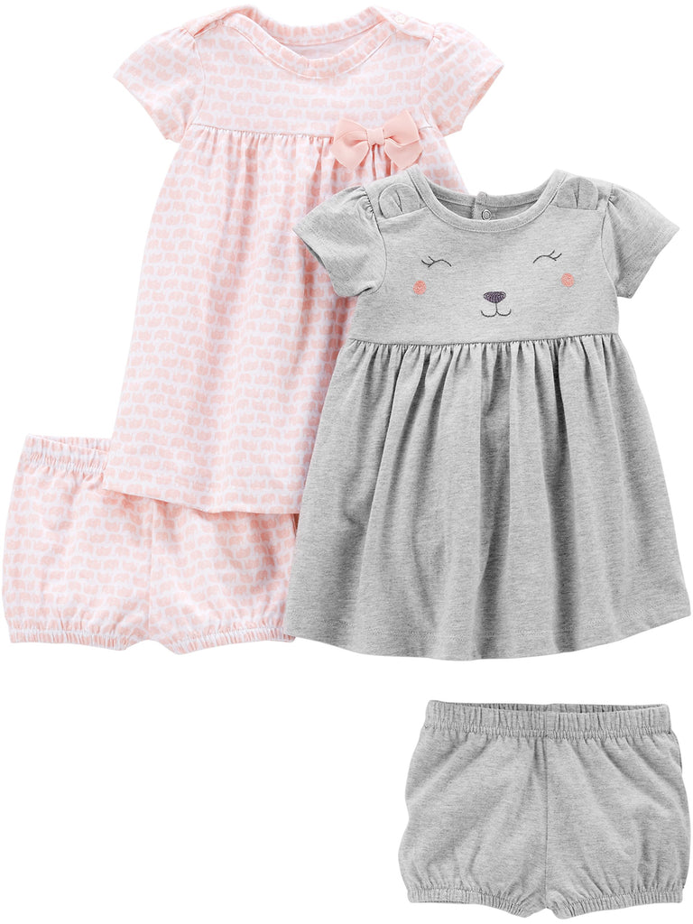 Simple Joys by Carter's Baby Girl's 2- pack Short-Sleeve Dress Set Dress, pink elephants/grey bear, Newborn