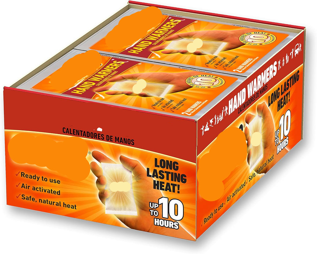 Box of Hothands hand warmers with orange and red design.