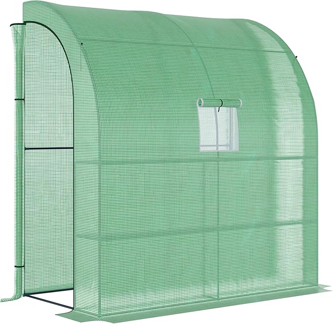 7' x 3' x 7' Lean to Greenhouse, Walk in Green House, Plant Nursery with 2 Roll up Doors and Windows, PE Cover and 3 Wire Shelves, Green