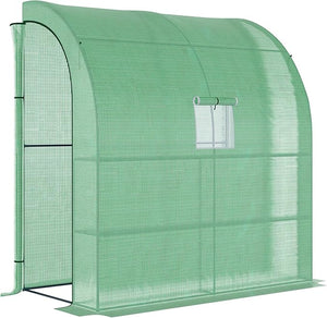 7' x 3' x 7' Lean to Greenhouse, Walk in Green House, Plant Nursery with 2 Roll up Doors and Windows, PE Cover and 3 Wire Shelves, Green