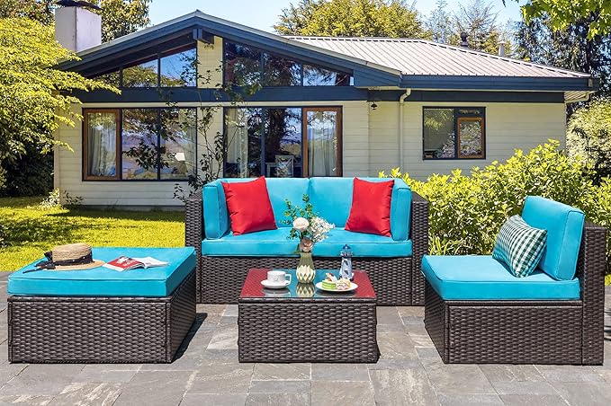 Lacoo 5 Pieces Patio Sectional Set Pe Rattan All-Weather Conversation Set With Table Blue 83³ L X 55³ W X 25³ H