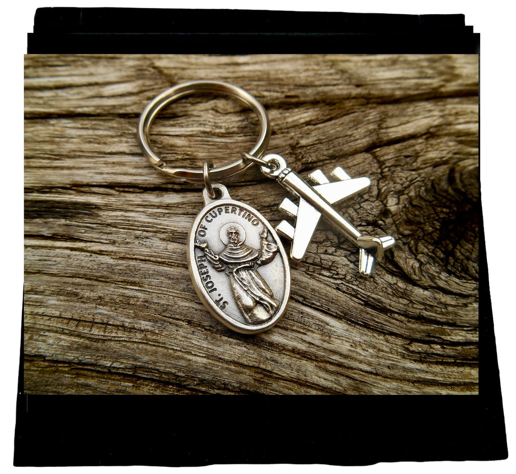 St Joseph of Cupertino Key Ring, Patron Saint of Pilots, Aviators, Air Travelers, Confirmation Gift, Stainless Steel Key Chain, Alloy Charms