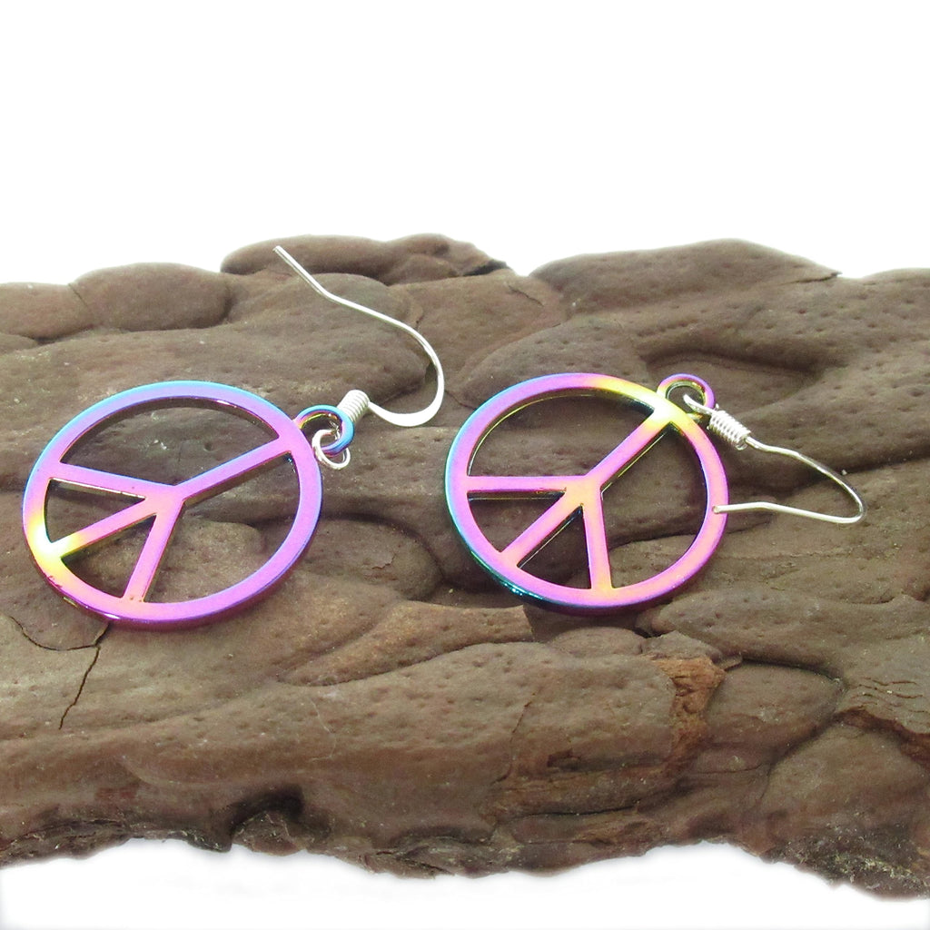 Peace Sign Hippie Dangle Earrings, Bohemian Jewelry, Rainbow Round Earrings, Valentines Day Gift for Women