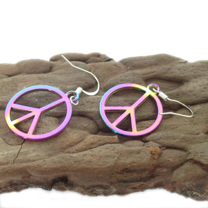Peace Sign Hippie Dangle Earrings, Bohemian Jewelry, Rainbow Round Earrings, Valentines Day Gift for Women