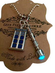 TARDIS Police Box and Sonic Screwdriver Glow In The Dark Charm Necklace in Blue