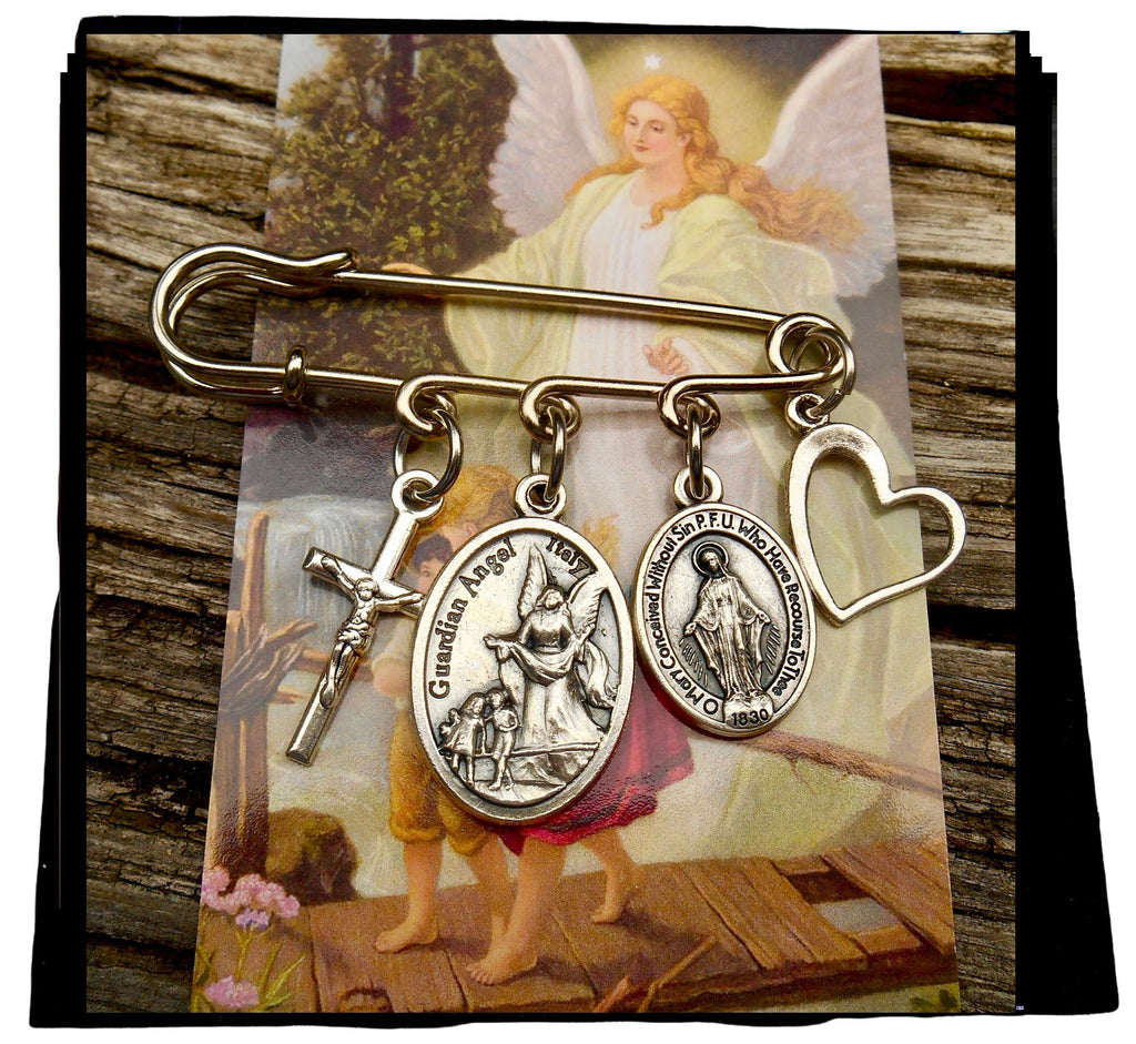 Guardian Angel Pin, Baptism Pin, Protection from Evil Safety Pin Brooch, Includes Guardian Angel Prayer Card