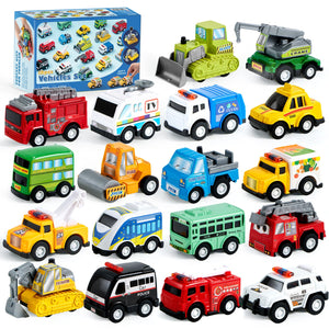 JOYIN 18 Pcs Pull Back City Cars and Trucks Toy Vehicles Set, Friction Powered Cars Toys for Toddlers, Kids Stocking Stuffers, Treasure Box Gifts for Classroom, Christmas Great Gifts for Grandkids