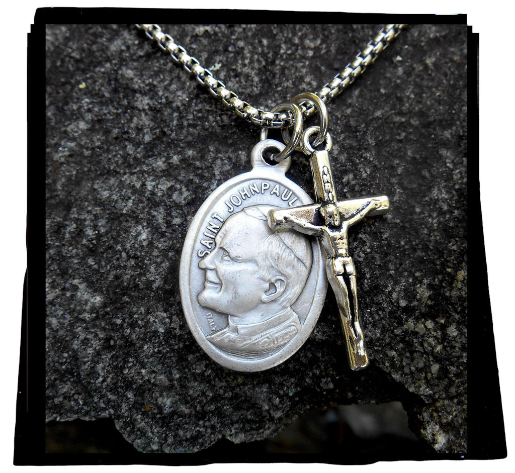 Saint Pope John Paul II Mens/Ladies or Teen Necklace, Boy Confirmation Gift, Patron Saint Gift, 24" Stainless Steel Box Chain