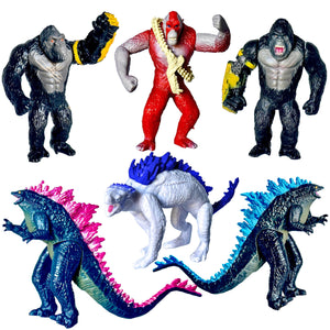 TwCare Set of 6 Monster x Kong: The New Empire, Dinosaur Dragon Toys Action Figures, Evolved Basic Exquisite Battle Roar B.E.A.S.T. Glove Shimo Frost Bite Mecha King Ghidorah Cake Toppers Pack