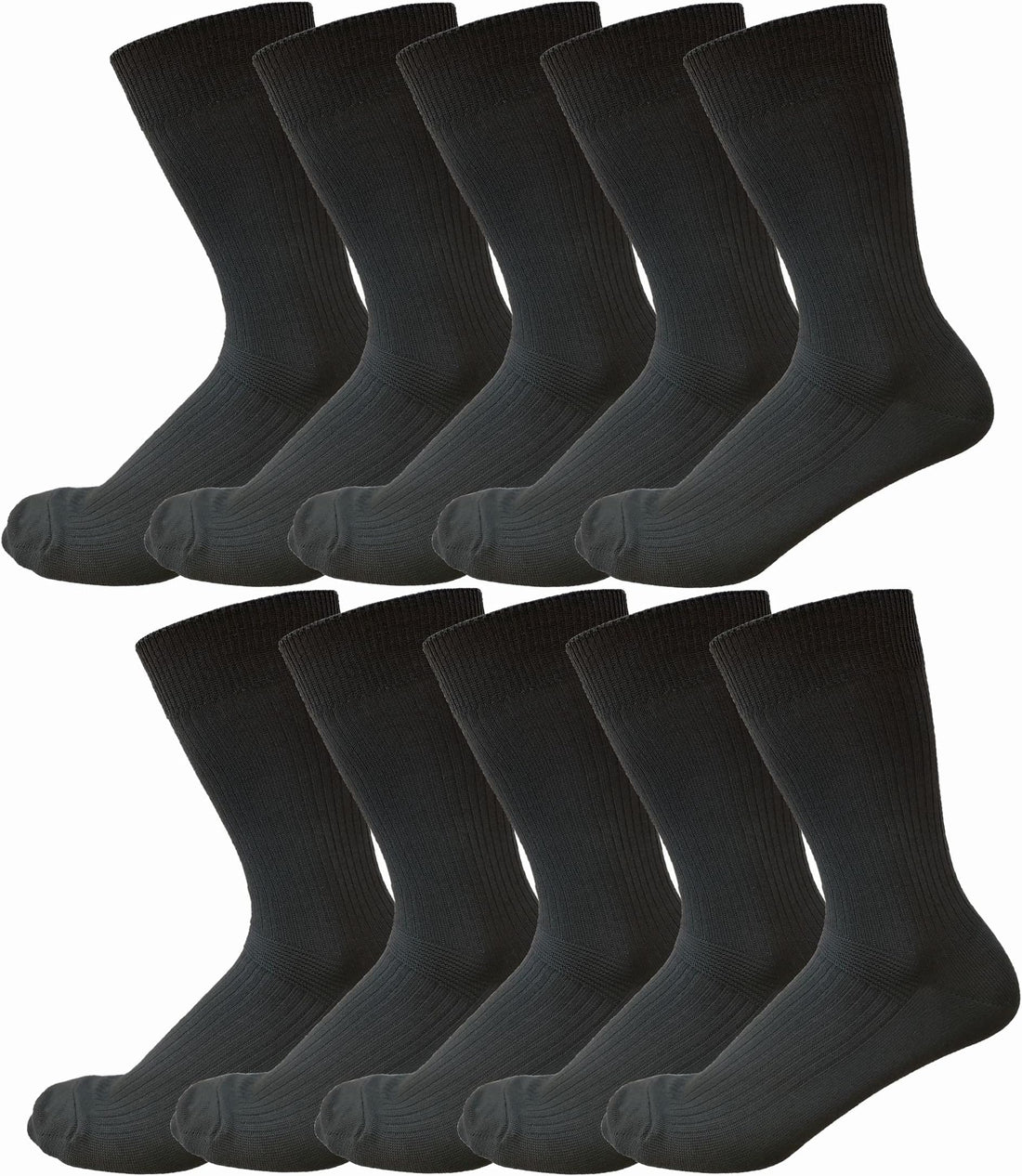 Multiple pairs of black socks arranged in rows on a white background