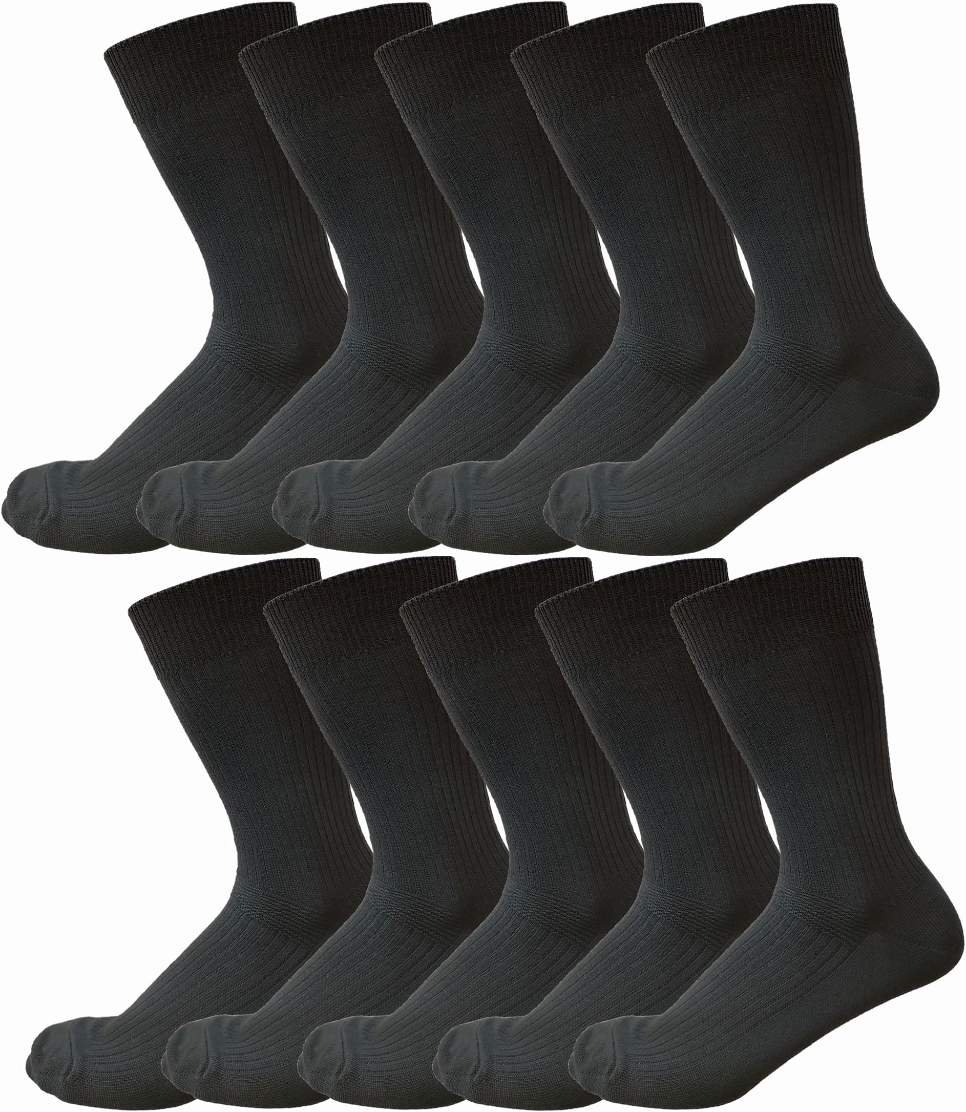 Multiple pairs of black socks arranged in rows on a white background