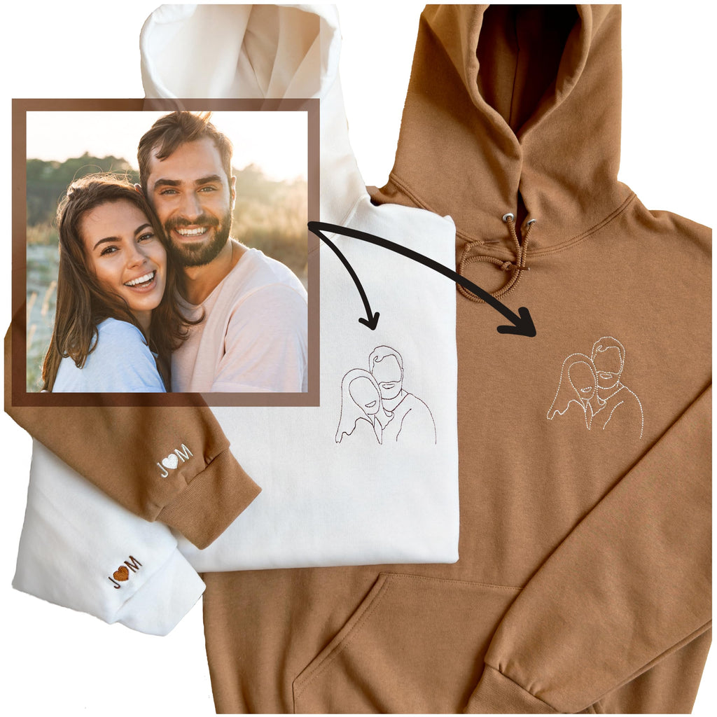 WEAR PHYSIQUE Photo Stitch Embroidered Shirt, Personalized Picture and Initial Sweatshirt, Couples Gift, Wedding, Proposal Photo, Boyfriend Girlfriend Hoodie, Engagements and Anniversaries Brown