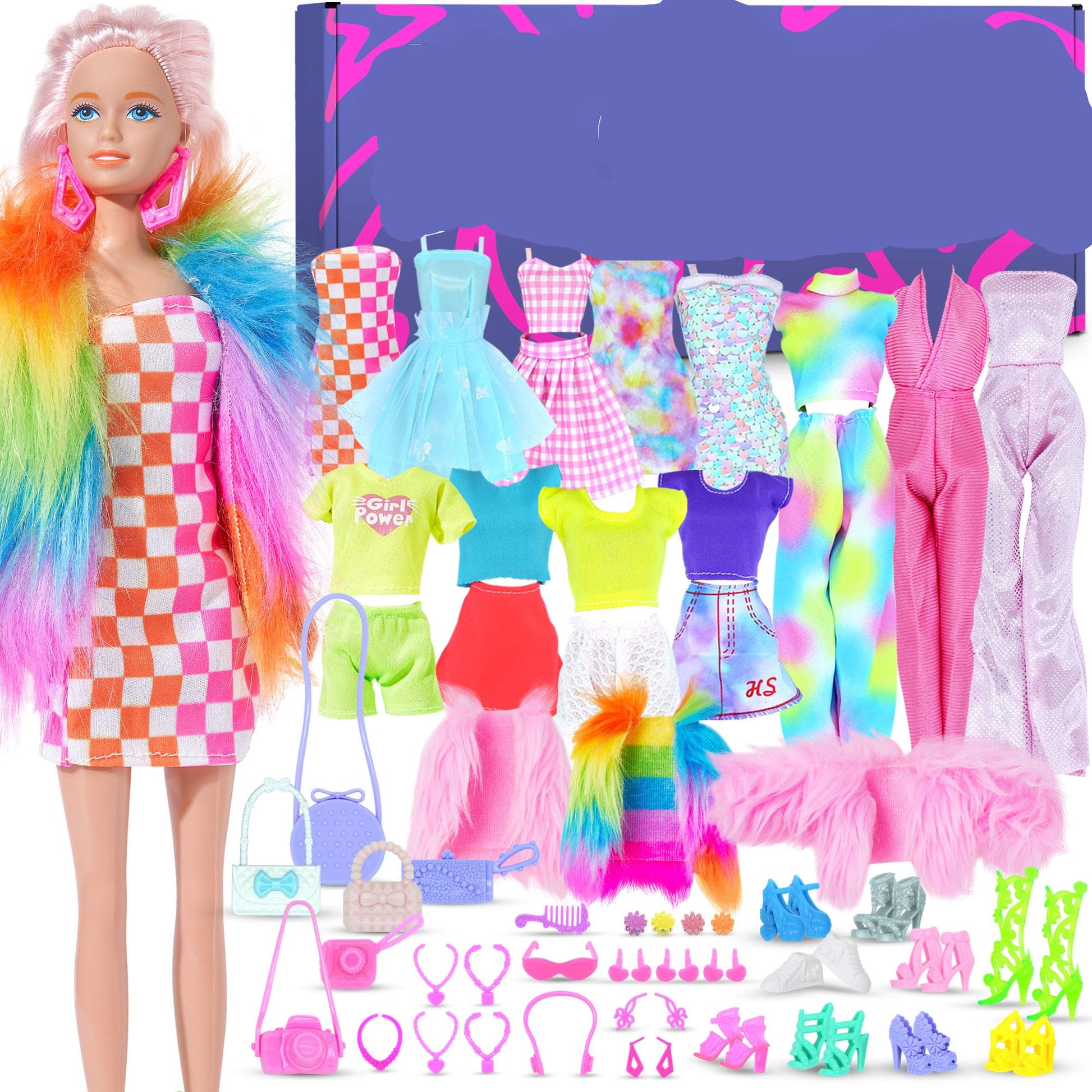 Glo Girl 54-piece fashion doll set with colorful outfits and accessories.