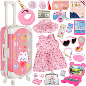 Doll Suitcase Travel Sets, 18 inch Doll Clothes and Accessories - 28 Pcs Travel Pillow, Unicorn Bag, Sunglasses, Camera, Computer, Phone, Passport, Birthday Gifts for Age 3 4 5 6 7 Year Old Girls