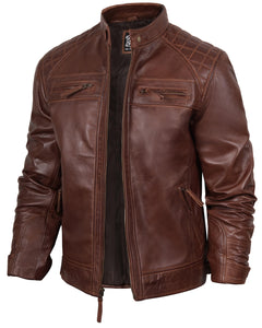fjackets Real Lambskin Mens Leather Jackets - Quilted Cafe Racer Zip Up Moto Style Leather Jacket Men