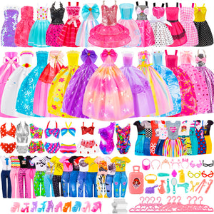 110 Pcs Doll Clothes and Accessories Dress up Toys for Girls with Wedding Dresses, Casual Dresses, Casual Jumpsuit, Swimsuits Bikini, Glasses, Shoes, Hangers, Doll Clothes Toys for Girl Gift
