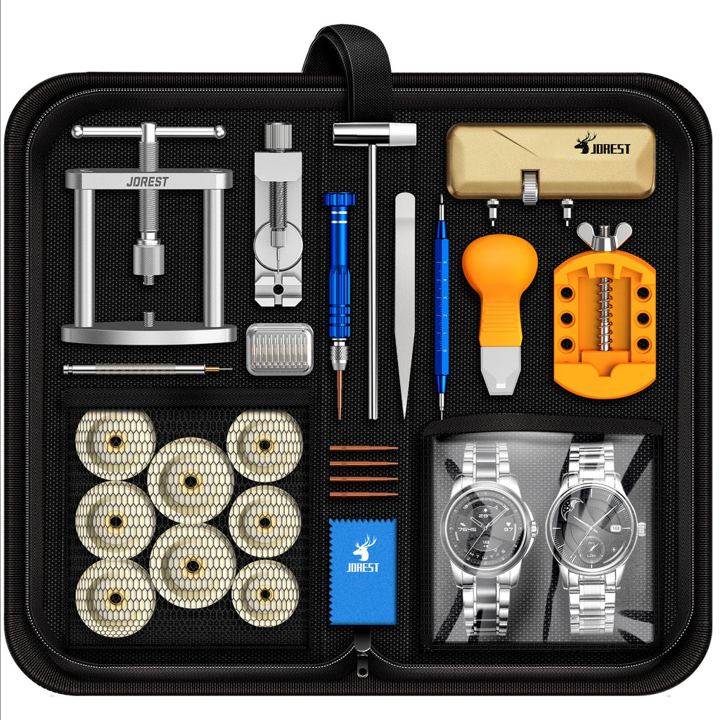 JOREST Watch Repair Kit + Watch Press Tool, Battery Replacement, Strap Adjustment, Wrench Opening Back Cover, Case Opener/Closer, Link Remover Sizing Bracelet, Screwdriver Band Pin Removal, Spring Bar