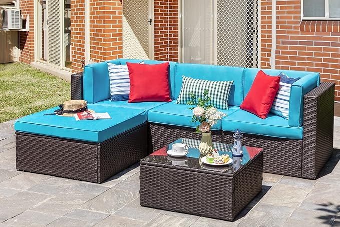 Lacoo 5 Pieces Patio Sectional Set Pe Rattan All-Weather Conversation Set With Table Blue 83³ L X 55³ W X 25³ H