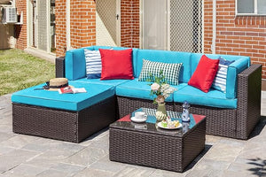 Lacoo 5 Pieces Patio Sectional Set Pe Rattan All-Weather Conversation Set With Table Blue 83³ L X 55³ W X 25³ H