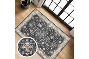 Black Washable Entry Rug, 2x3 Small Rugs for Entryway Kitchen Bathroom Door Mat Indoor Entrance, Non Slip Rubber Backing, Stain & Fade Resistant, Ashen Charcoal Floral Farmhouse Decor
