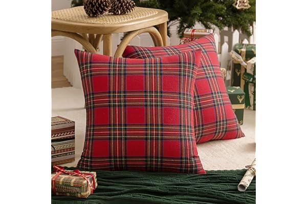 AQOTHES Pack of 2 Christmas Plaid Decorative Throw Pillow Covers Scottish Tartan Cushion Case for Farmhouse Home Holiday Decor Red and Green, 18 x 18 Inches