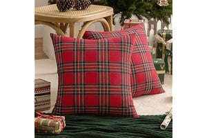 AQOTHES Pack of 2 Christmas Plaid Decorative Throw Pillow Covers Scottish Tartan Cushion Case for Farmhouse Home Holiday Decor Red and Green, 18 x 18 Inches