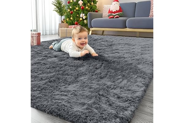 OLANLY Area Rugs for Living Room Bedroom, Machine Washable 4x5.9 ft Soft Fluffy Shaggy Bedside Rug, Indoor Floor Carpet for Kids Girls and Boys, Dorms, Nursery Rooms, Home Decor Aesthetic, Grey