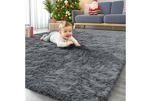 OLANLY Area Rugs for Living Room Bedroom, Machine Washable 4x5.9 ft Soft Fluffy Shaggy Bedside Rug, Indoor Floor Carpet for Kids Girls and Boys, Dorms, Nursery Rooms, Home Decor Aesthetic, Grey