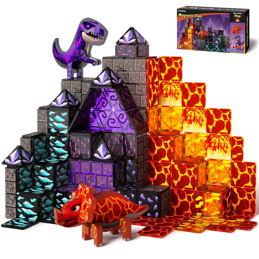 GobiDex Dinosaur Toys Magnetic Tiles Lava Cave Dinosaur World Set - Magnetic Building Blocks for Kids 3-5 5-7 Girls Boys Toys Age 4-6 6-8, STEM Sensory Toddler Birthday Gifts for 3+ Year Old Kids Toy